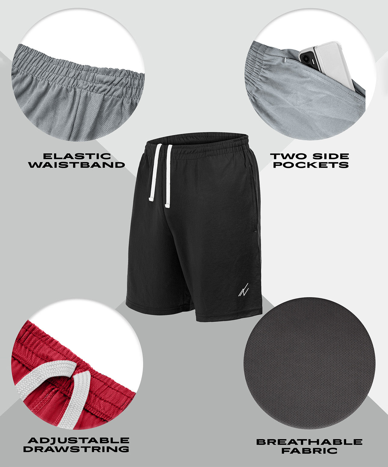 Black-Black-Medium Grey-Dark Grey-Red-pack of 5