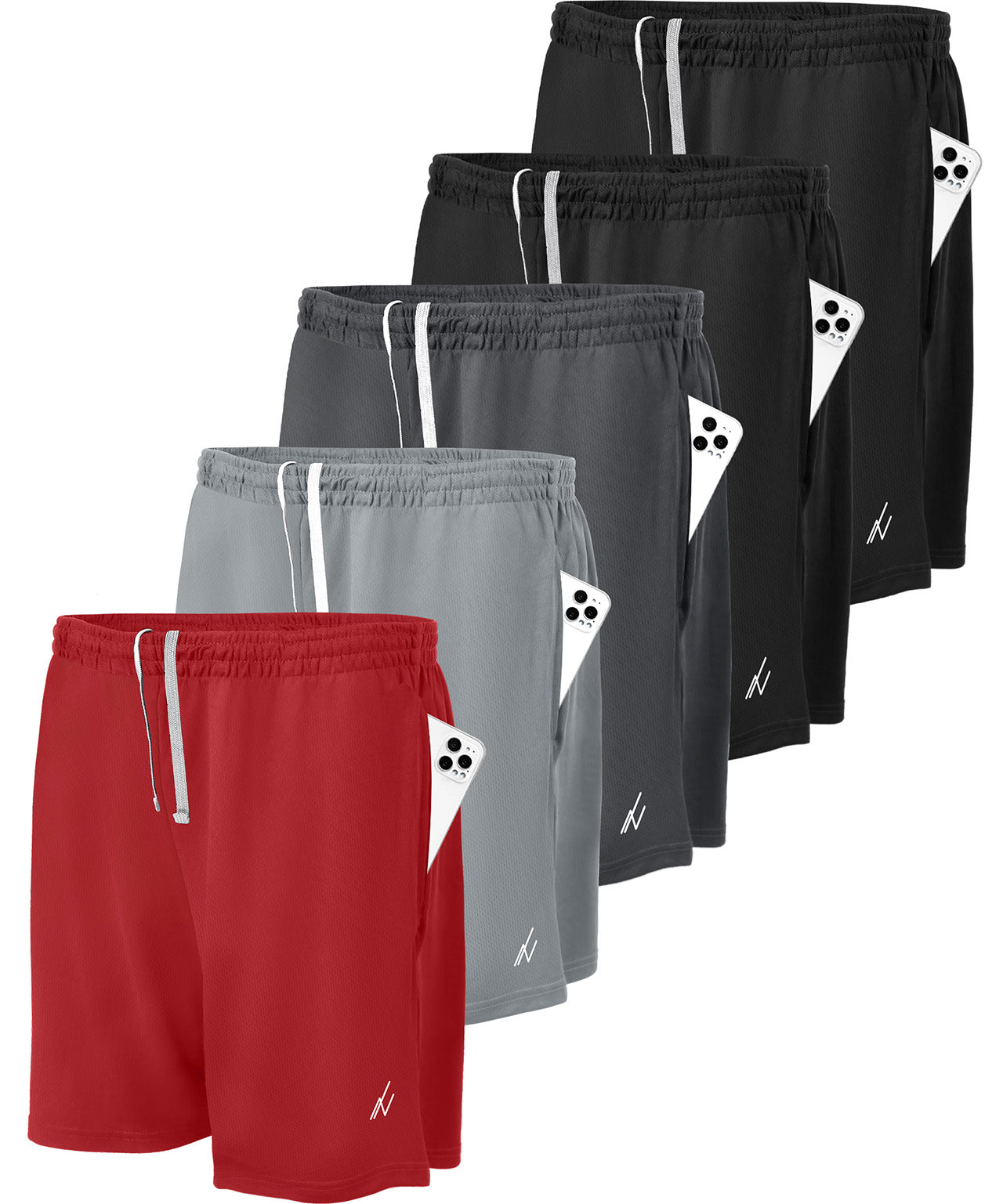 Black-Black-Medium Grey-Dark Grey-Red-pack of 5